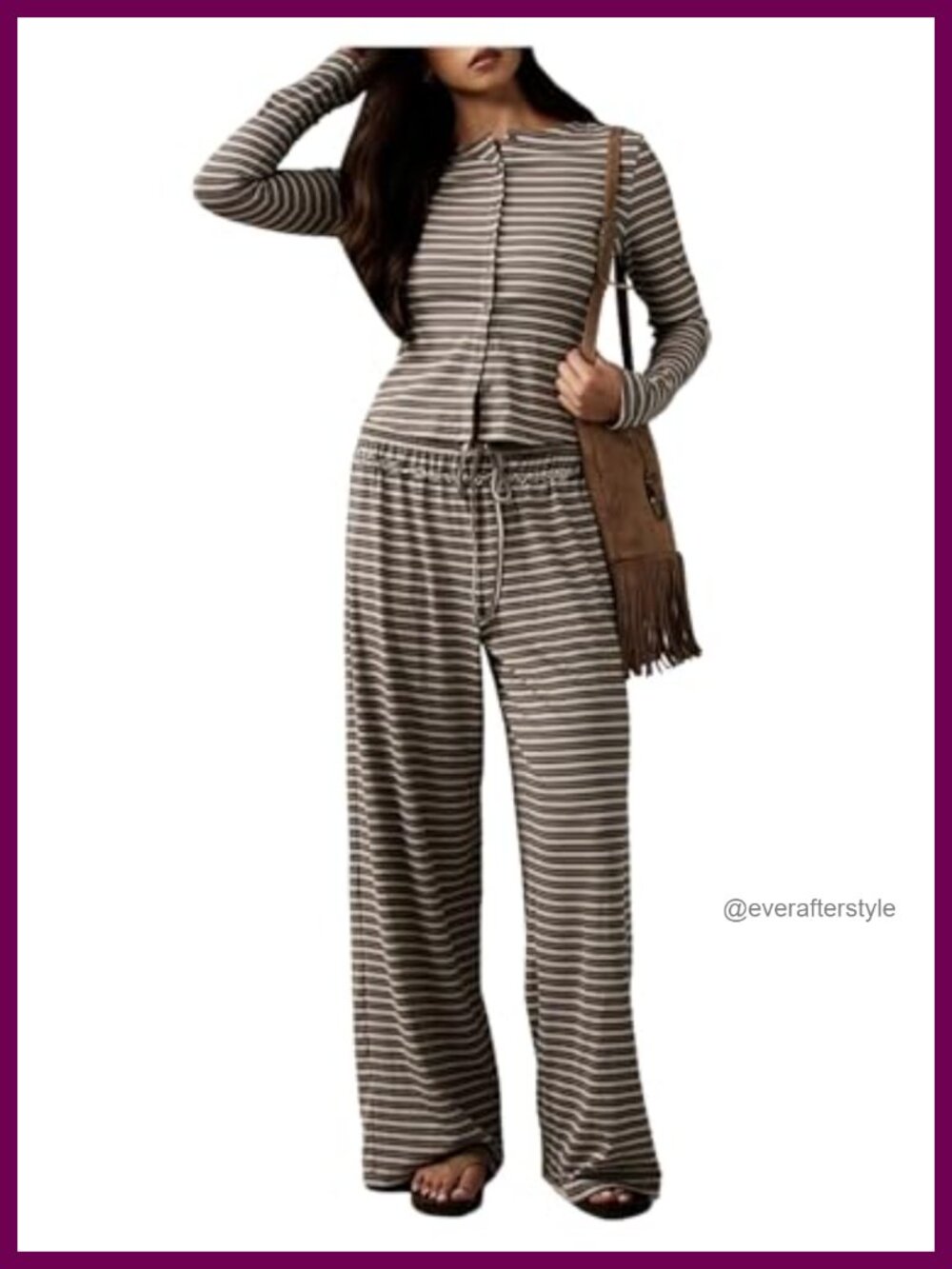 WDIRARA Women's Striped 2 Piece Pants Outfit Long Sleeve Button Up Top Lounge
